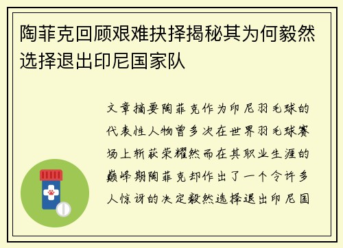 陶菲克回顾艰难抉择揭秘其为何毅然选择退出印尼国家队