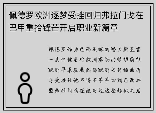 佩德罗欧洲逐梦受挫回归弗拉门戈在巴甲重拾锋芒开启职业新篇章