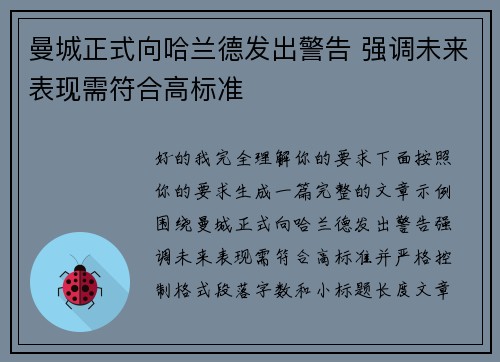 曼城正式向哈兰德发出警告 强调未来表现需符合高标准