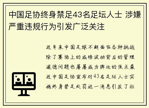 中国足协终身禁足43名足坛人士 涉嫌严重违规行为引发广泛关注 中国足协终身禁足43名足坛人士 涉嫌严重违规行为引发广泛关注